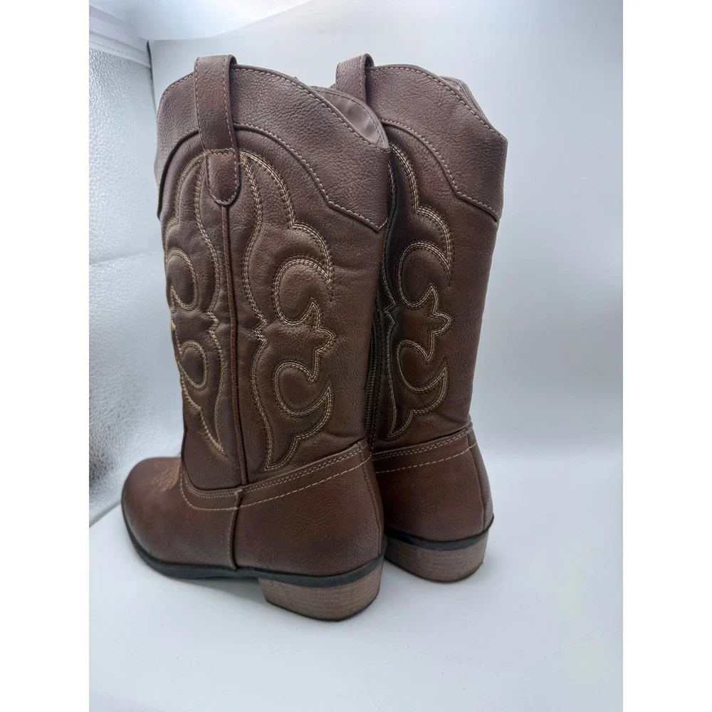 Cat & Jack Western Cowboy Boots Kids Size‎ 3 Brown Faux Leather Side Zip Stitch
